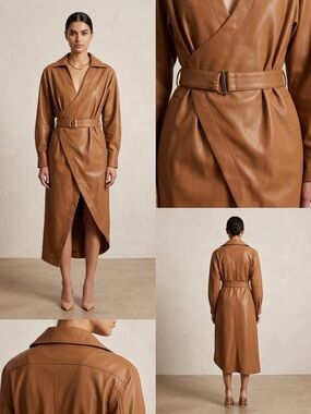 NICHOLAS Cognac Leather Wrap Midi Dress